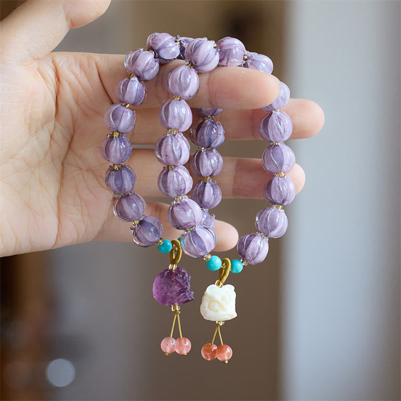 Buddha Stones Liuli Glass Bead Lotus Design Fluorite Ivory Fruit Dancing Lion Charm Enlightenment Bracelet Bracelet BS 1