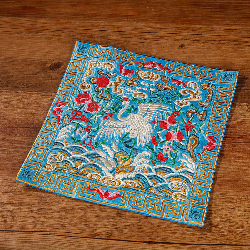Buddha Stones Crane Phoenix Dragon Kirin Embroidered Cup Mat Pad Tea Cup Coaster Square Kung Fu Tea Mat Tea Mat BS Light Blue Crane