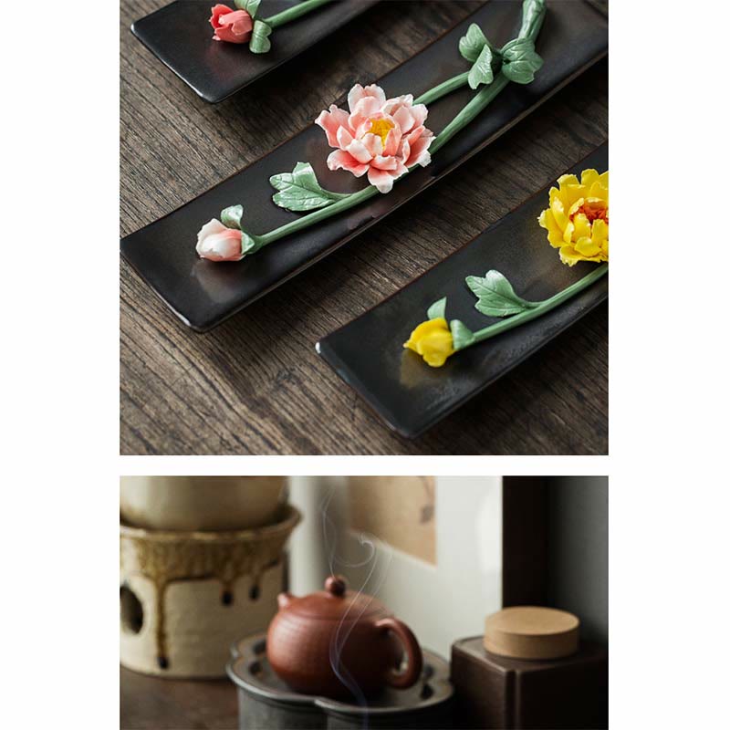 Buddha Stones Lotus Peony Rose Flower Ceramic Spiritual Incense Burner Incense Burner BS 19