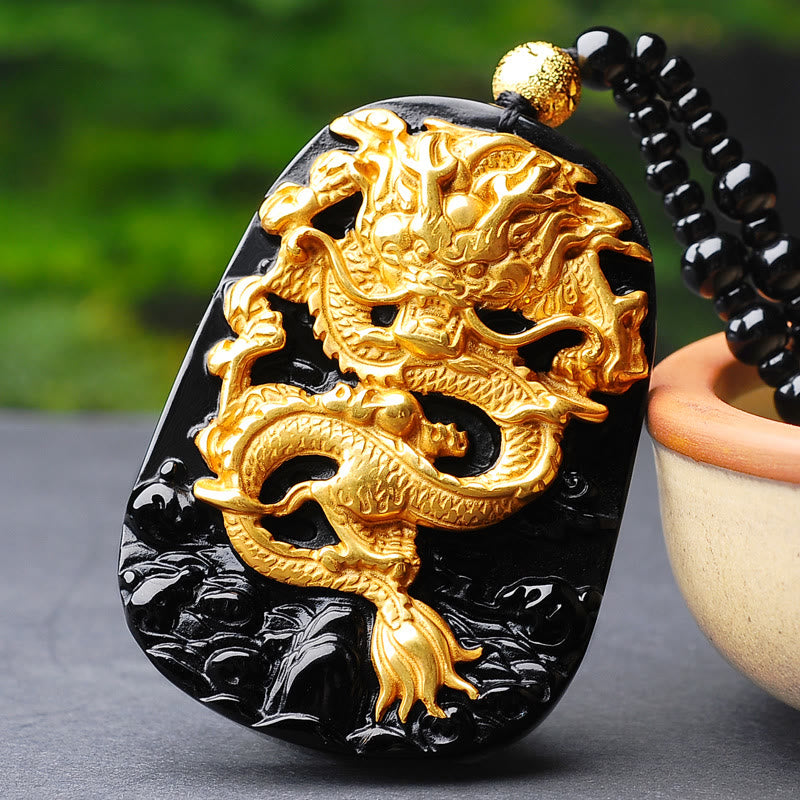 Collier avec pendentif porte-bonheur Foviel en obsidienne et dragon plaqué or 18 carats