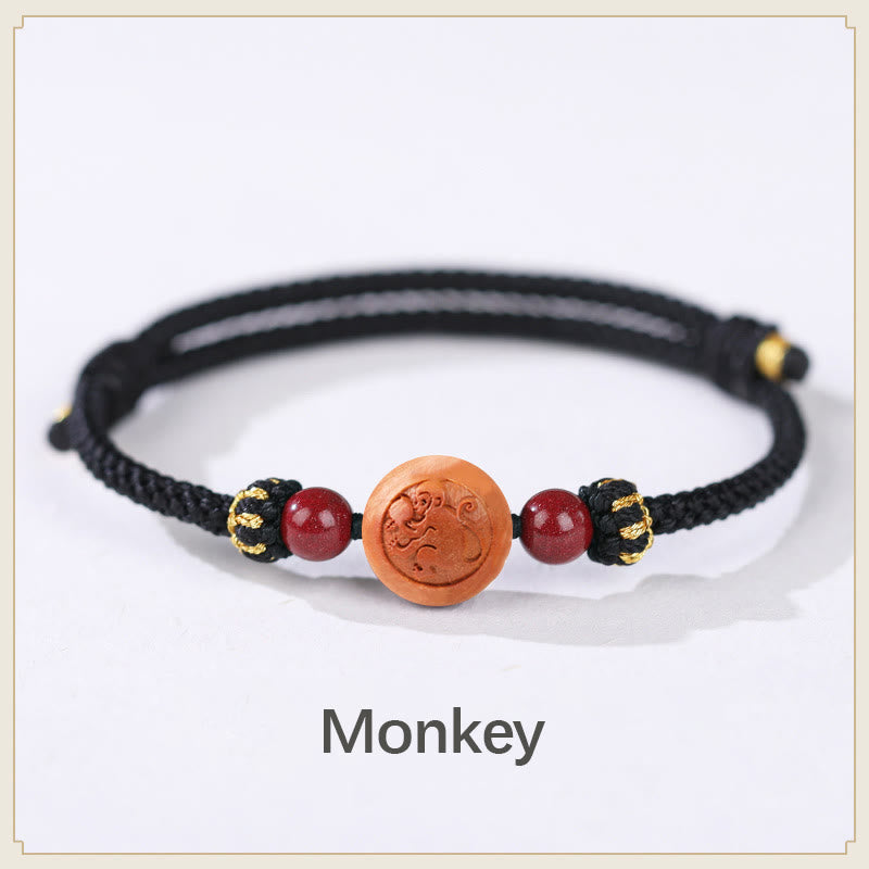 Buddha Stones Natural Peach Wood Chinese Zodiac Fu Character Carved Cinnabar Wealth Bracelet Bracelet BS Monkey-Black(Wrist Circumference 14-22cm)