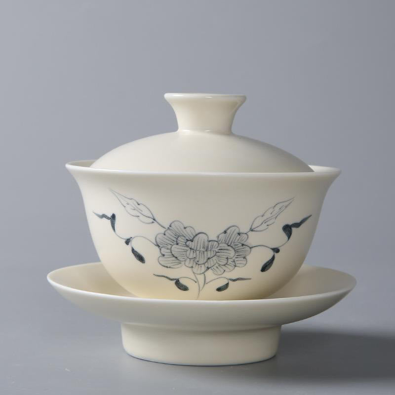 Buddha Stones Hand Painted Pomegranate Hibiscus Pine Lotus Ceramic Gaiwan Sancai Teacup Kung Fu Tea Cup And Saucer With Lid Cup BS 13*9cm*200ml Hibiscus