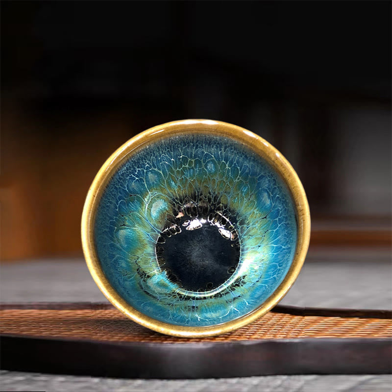 Buddha Stones Vintage Handmade Chinese Jianzhan Blue Colorful Glaze Ceramic Teacup Ceramic Kung Fu Tea Cup Jian Zhan Tea Cup BS 9.5*5.8cm