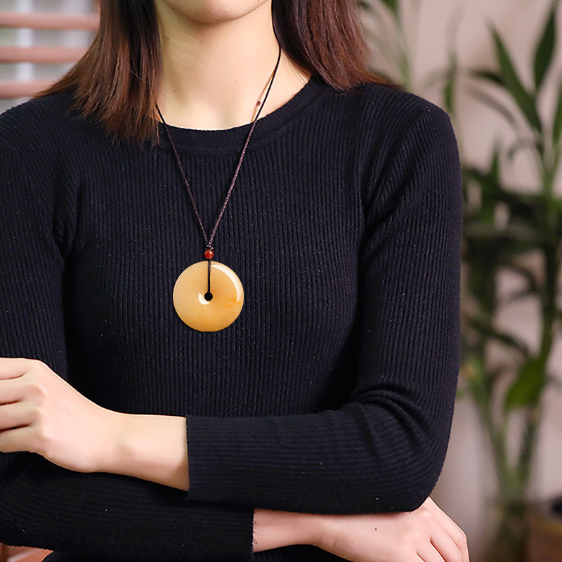 Buddha Stones Round Golden Silk Jade Peace Buckle Wealth Pendant Necklace Necklaces & Pendants BS 2