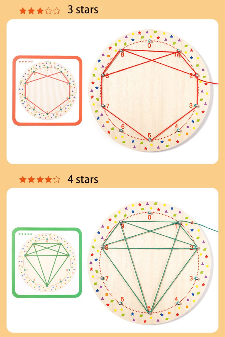 Fidtoy Wooden Geoboard Thread Winding Pattern Kit Montessori Lacing Board with 20 Double-Sided Cards and 3 Threads for Kids Ages 3+