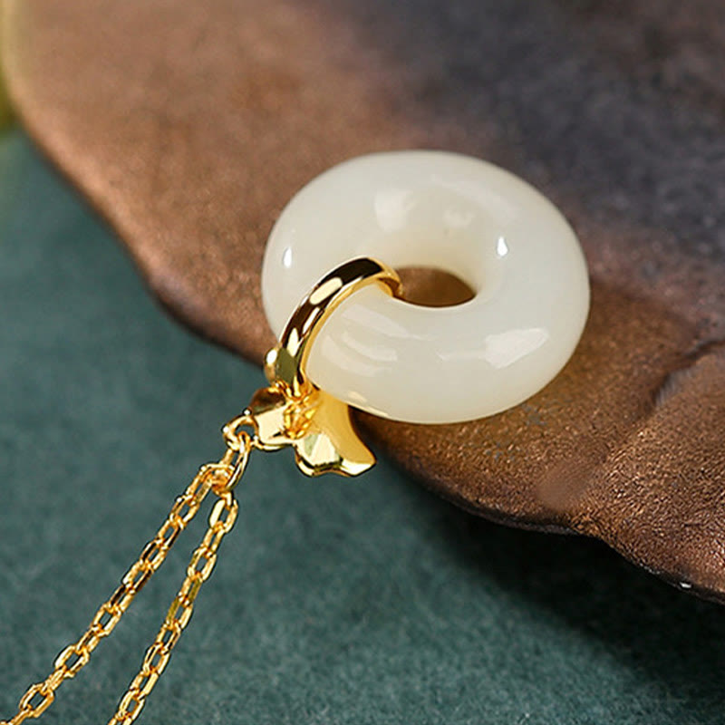 Buddha Stones 925 Sterling Silver Natural Hetian Jade Ginkgo Leaf Peace Buckle Luck Necklace Pendant Necklaces & Pendants BS 3