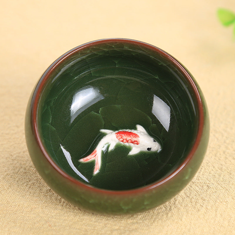 Buddha Stones Cute Koi Fish Ceramic Teacup Kung Fu Tea Cup Bowl 45ml Cup BS Dark Green Koi Fish 6.1cm*3cm*45ml