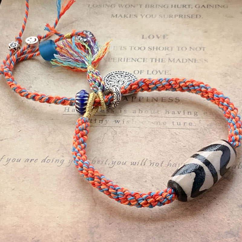 Buddha Stones Tibetan 925 Sterling Silver Om Mani Padme Hum Handmade Dzi Bead Protection Braid Bracelet Bracelet BS 5