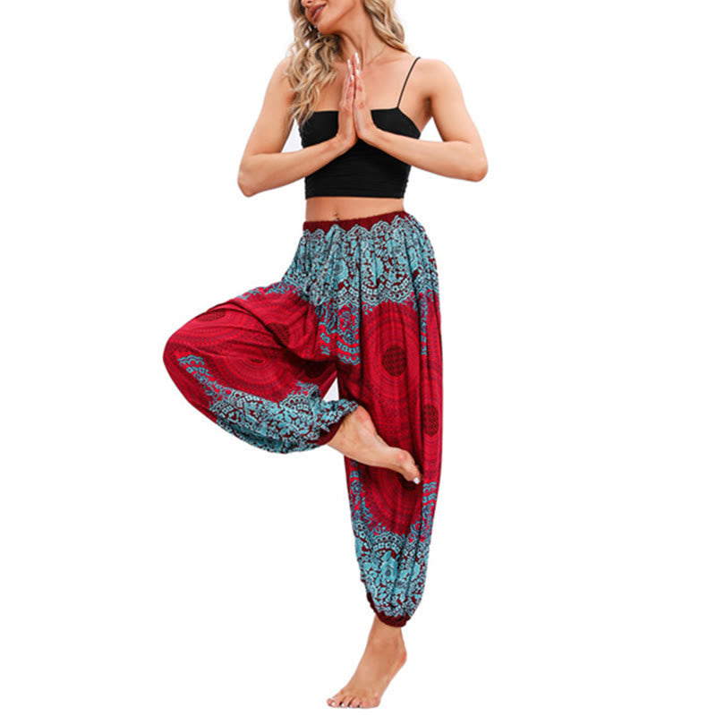 Buddha Stones Loose Circle-shaped Flowers Pattern Harem Trousers Women's Yoga Pants Women's Harem Pants BS 4