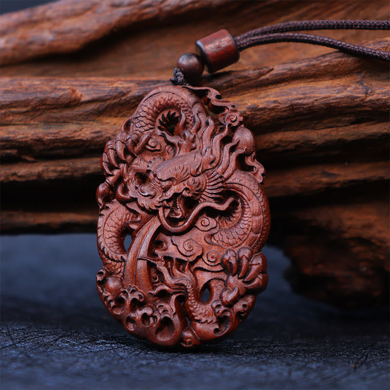 Buddha Stones Lightning Struck Jujube Wood Double Dragon Relief Ward Off Evil Spirits Necklace Pendant 5