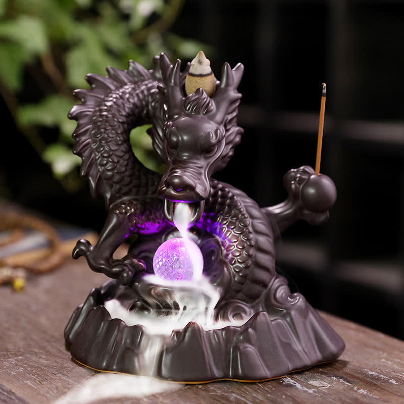 Buddha Stones Auspicious Dragon Ceramic Backflow Smoke Fountain Meditation Healing Incense Burner Led Ball Decoration Incense Burner BS Dragon&LED Ball