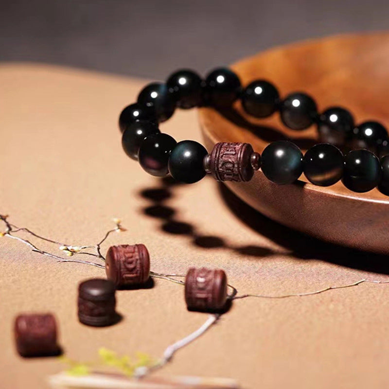Buddha Stones Natural Gold Sheen Obsidian Rainbow Obsidian Om Mani Padme Hum Fu Character Healing Bracelet Bracelet BS 27