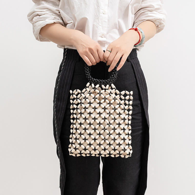 Buddha Stones Hand-woven Lozenge Wooden Beads Handbag Handbags BS 7