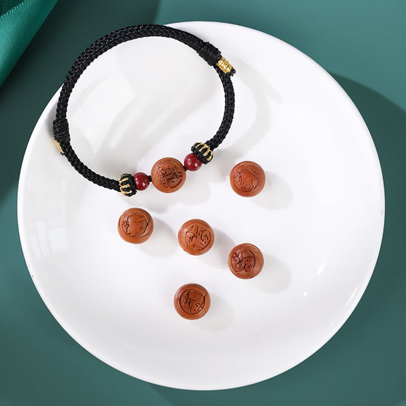 Buddha Stones Natural Peach Wood Chinese Zodiac Fu Character Carved Cinnabar Wealth Bracelet Bracelet BS 13
