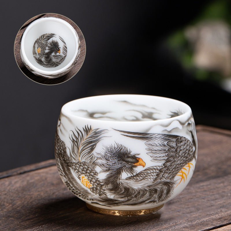 Buddha Stones Phoenix White Porcelain Ceramic Teacup Kung Fu Tea Cup 185ml With Gift Box Cup BS 3