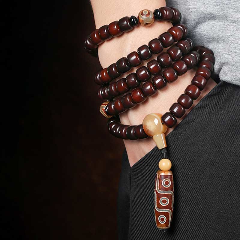 Bracelet de chance Foviel 108 perles Mala avec perle Dzi à trois yeux et perle Dzi à neuf yeux en jade