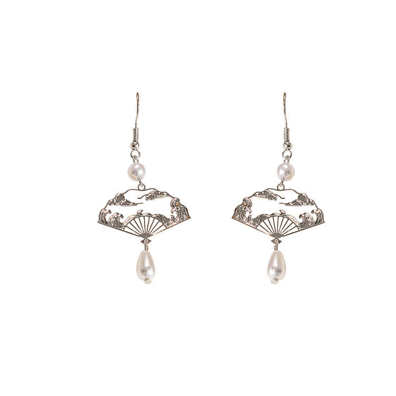 Buddha Stones Copper Fan Auspicious Clouds Pearl Healing Drop Earrings 14