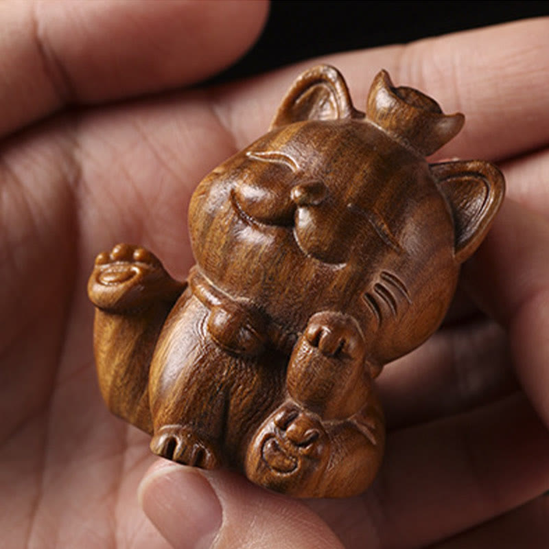 Buddha Stones Mini Green Sandalwood Ingot Lucky Cat Carved Peace Desk Decorations Decorations BS 13