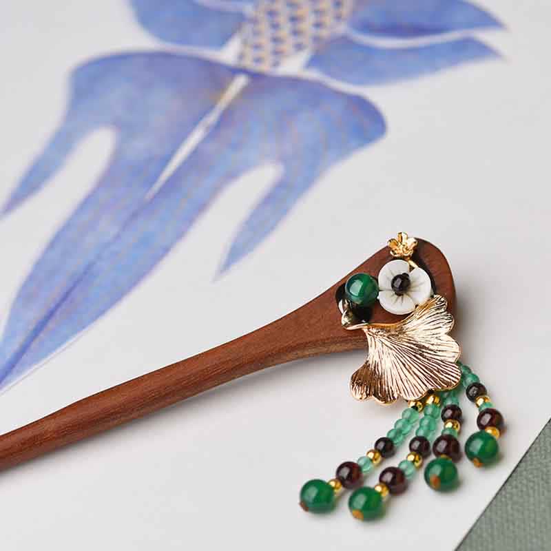Buddha Stones Red Sandalwood Green Agate Ginkgo Leaf Protection Hairpin Hairpin BS 6