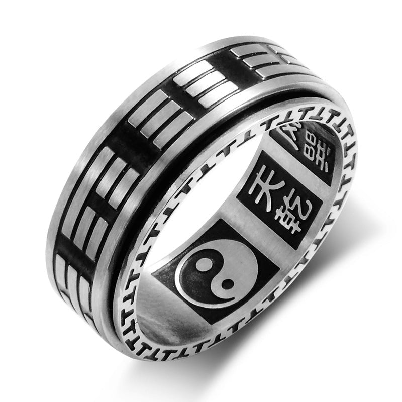 Buddha Stones Bagua Yin Yang Titanium Steel Balance Rotatable Ring Ring BS 1