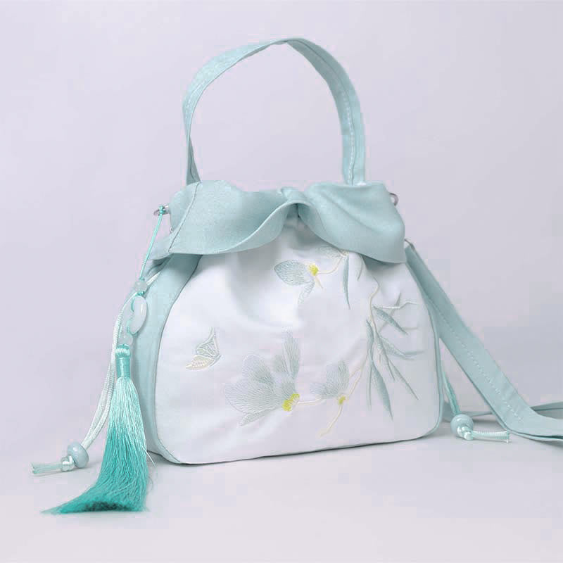 Buddha Stones Suzhou Embroidery Lotus Epiphyllum Magnolia Cotton Linen Tote Crossbody Bag Shoulder Bag Handbag Crossbody Bag BS Green Magnolia 20*20*7cm