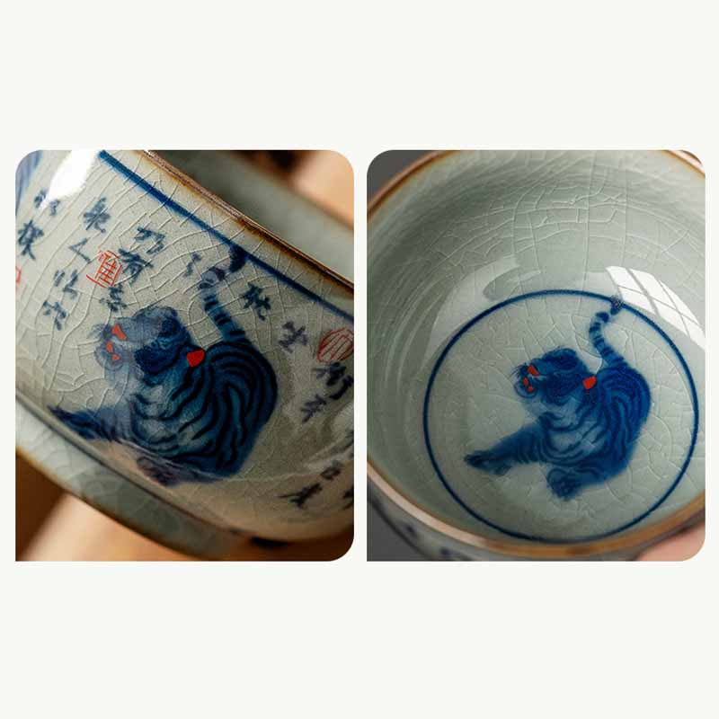 Buddha Stones Jingdezhen Hand Painted Cute Tiger Ceramic Teacup Kung Fu Tea Cup Bowl 140ml Cup BS 14