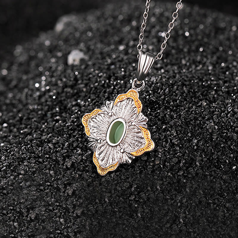 Buddha Stones 925 Sterling Silver Plated Gold Hetian Cyan Jade Rhombus Design Luck Healing Necklace Pendant Necklaces & Pendants BS 3