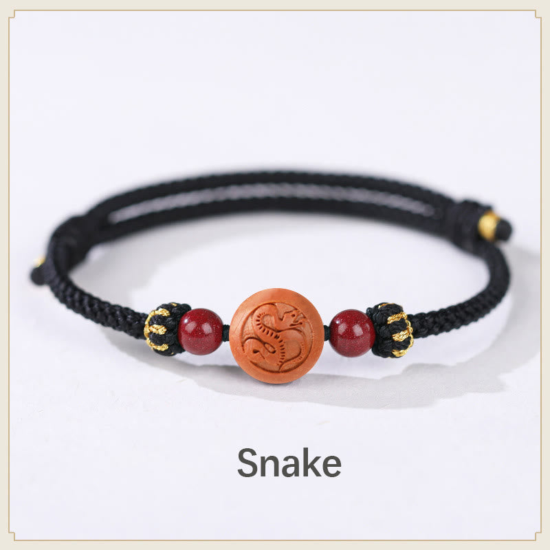 Buddha Stones Natural Peach Wood Chinese Zodiac Fu Character Carved Cinnabar Wealth Bracelet Bracelet BS Snake-Black(Wrist Circumference 14-22cm)
