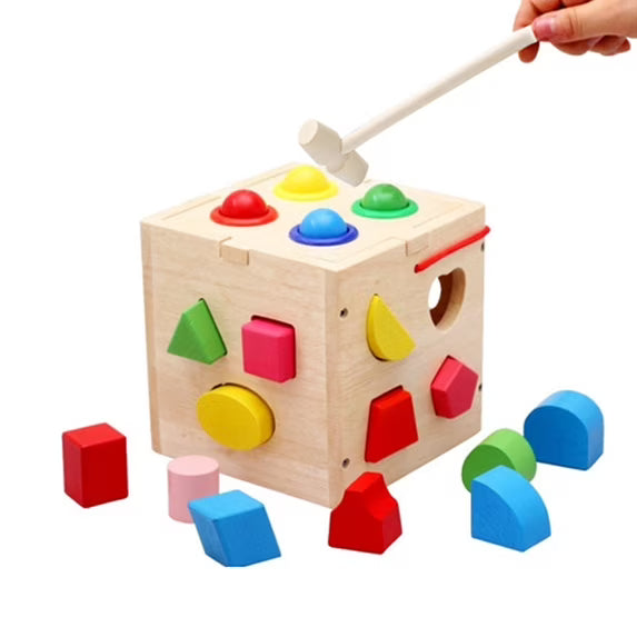 Fidtoy Wooden Activity Cube Shape Sorter and Hammering Toy with 13 Shapes and 4 Balls for Toddlers