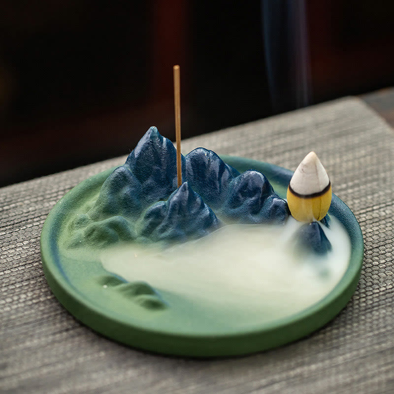 Buddha Stones Creative Mountain River Ceramic Healing Backflow Incense Burner Incense Burner BS Mountains