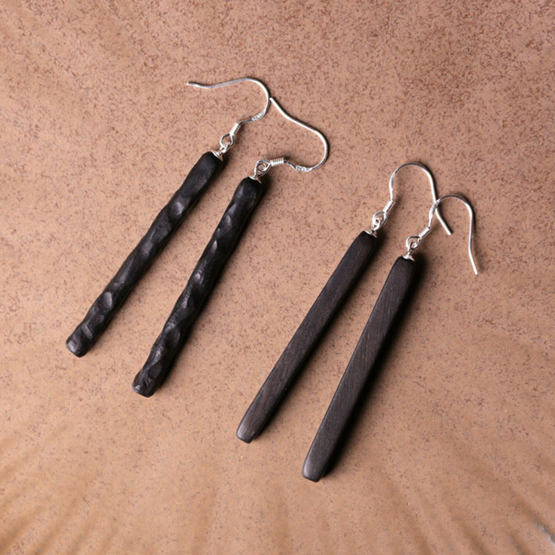 Buddha Stones 925 Sterling Silver Ebony Wood Texture Balance Peace Drop Dangle Earrings Earrings BS 1