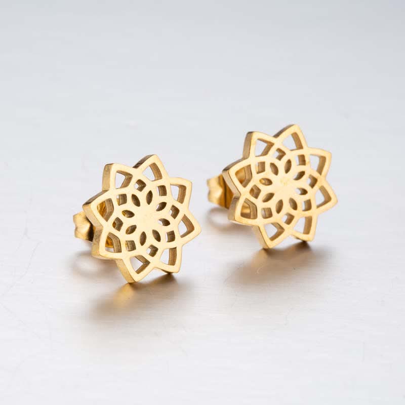 Buddha Stones Tibetan Lotus Pattern New Beginning Stud Earrings Earrings BS Gold