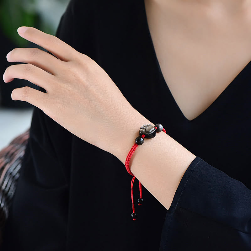 Buddha Stones Natural Silver Sheen Obsidian Gold Sheen Obsidian Cute Cat Paw Claw Protection Rope Bracelet Bracelet BS 3