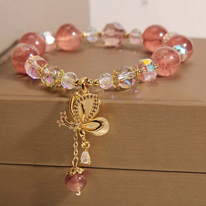 Buddha Stones Natural Strawberry Quartz Healing Positive Butterfly Charm Bracelet Bracelet BS 5