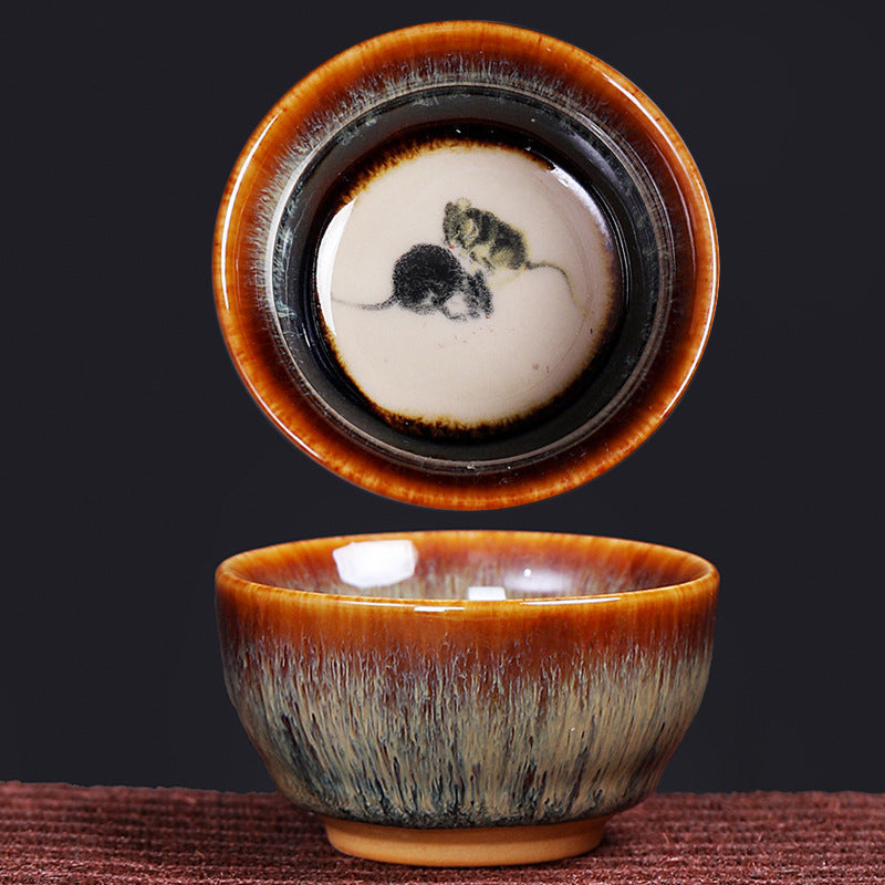 Buddha Stones 12 Chinese Zodiac Pattern Ceramic Teacup Kung Fu Jian Chinese Zhan Tea Cup 73ml Jian Zhan Tea Cup BS Rat 6.8cm*3.6cm*73ml