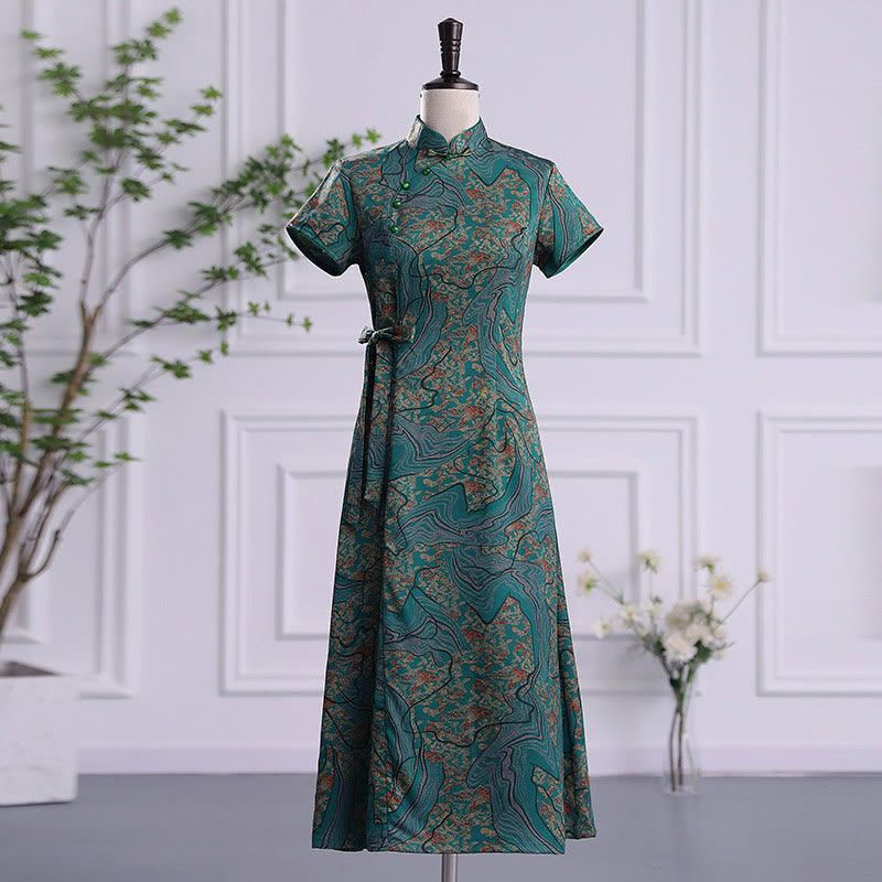Buddha Stones Vintage Auspicious Clouds Leaf Print Cheongsam Dress Women's Qipao Dress - Green Pattern - US16,UK/AU20,EU48 (5XL) - image 13