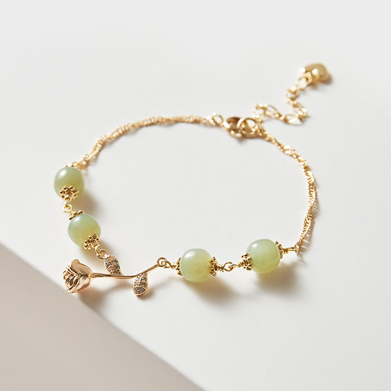 Buddha Stones 14K Gold Plated Hetian Jade Golden Rose Flower Luck Chain Bracelet Bracelet BS Jade(Prosperity♥Abundance)(Wrist Circumference 13-18cm)
