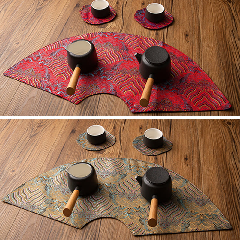 Buddha Stones Vintage Sea Wave Bamboo Plum Blossom Embroidered Cup Mat Pad Tea Cup Coaster Kung Fu Tea Mat Tea Mat BS 34