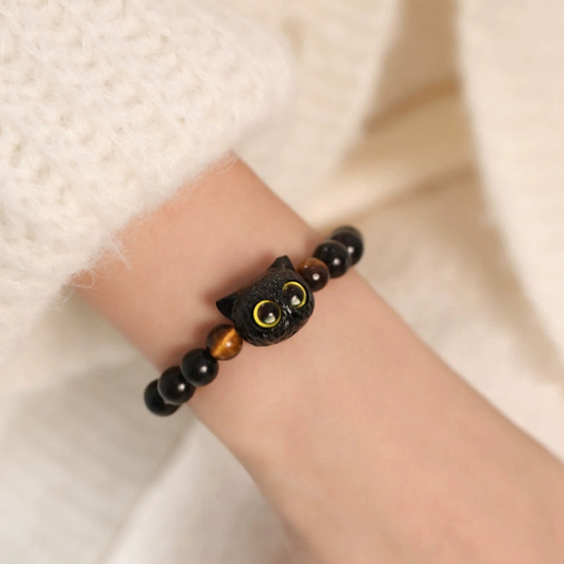Buddha Stones Cute Ebony Wood Cat Head Pattern Peace Bracelet Bracelet BS 5