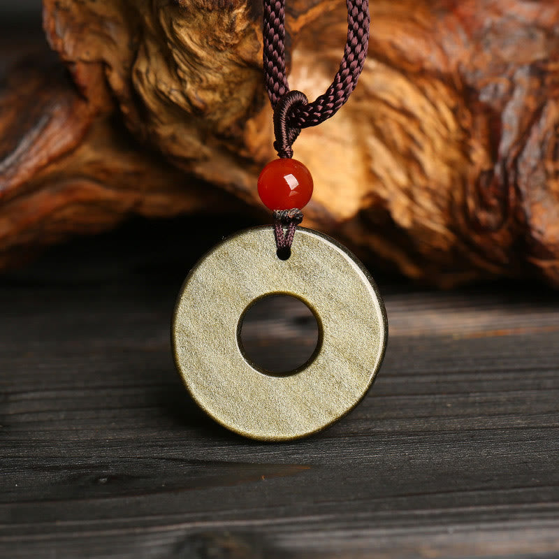 Buddha Stones Gold Sheen Obsidian Peace Buckle Pixiu Copper Coin Wealth Necklace Pendant Necklaces & Pendants BS 2