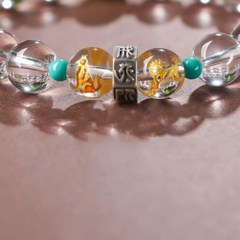 Buddha Stones 925 Sterling Silver Chinese Zodiac Natal Buddha Auspicious Groups White Crystal Hetian Jade Healing Bracelet Bracelet BS 6