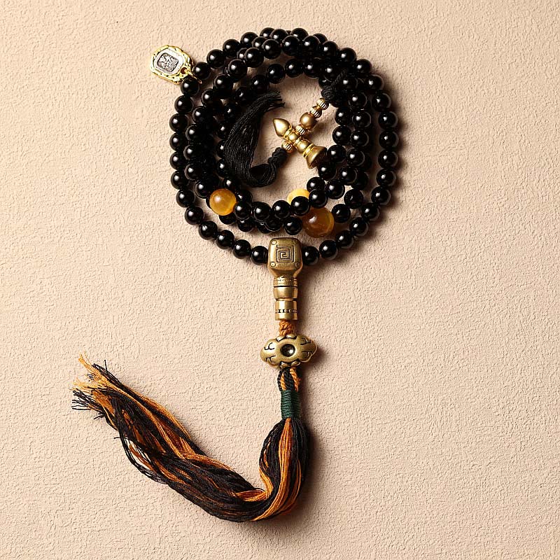 Buddha Stones Tibetan 108 Mala Beads Black Onyx Tiger Eye Beads Nine Palaces Bagua Protection Bracelet Mala Bracelet BS Black Onyx&Tassels 8mm