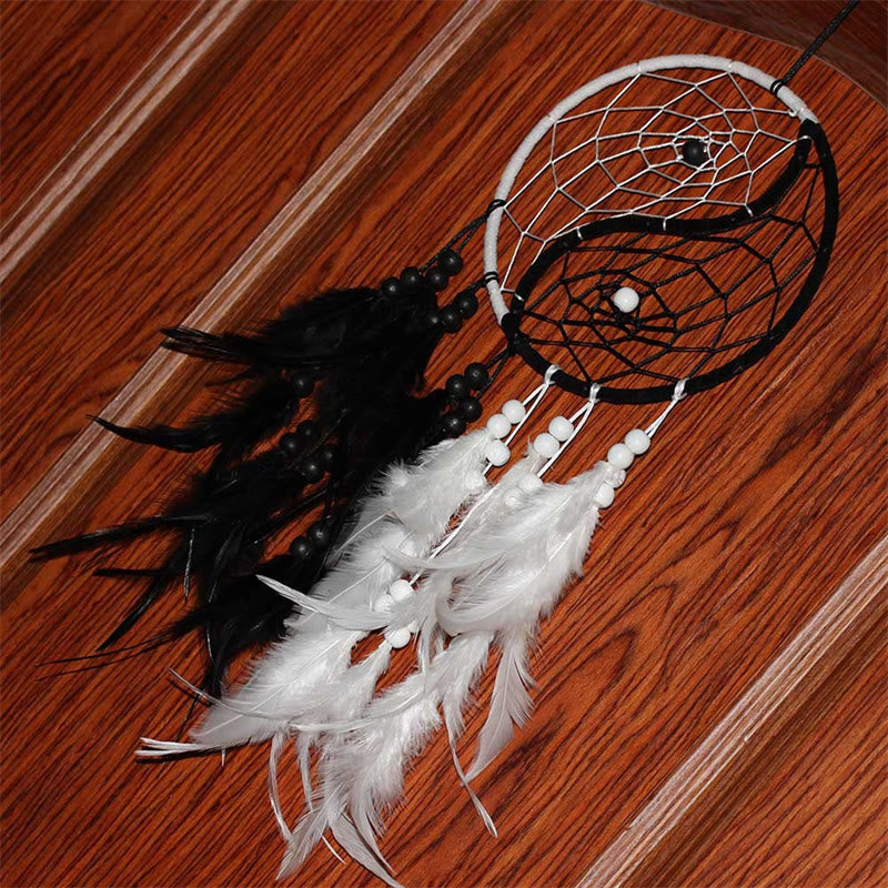 Buddha Stones Yin Yang Dream Catcher Circular Net with Feathers Balance Decoration Decorations BS 10