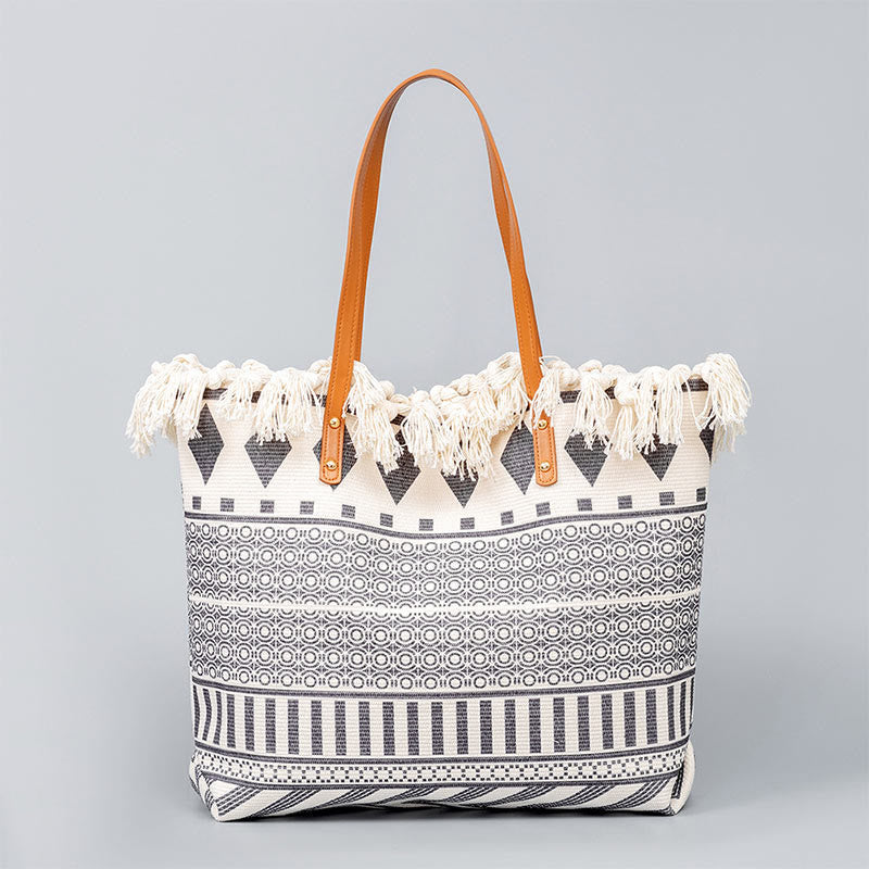 Buddha Stones Large Capacity Boho Geometry Print Tassel Canvas Tote Shoulder Bag Shoulder Bag BS Beige Geometry 50*10*32cm