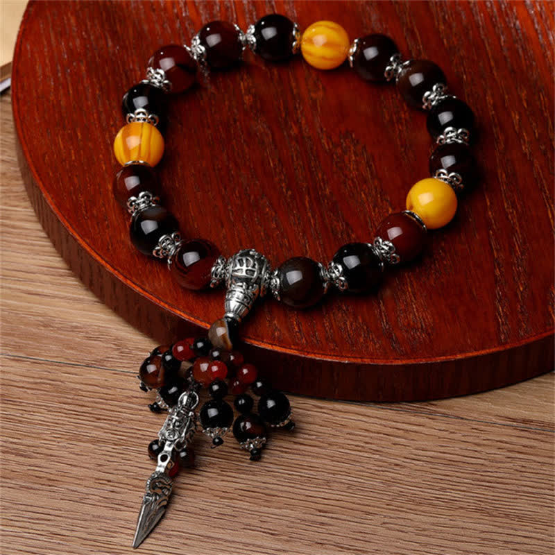 Buddha Stones Natural Tiger Eye Red Agate Dragon Vein Agate Stone Vajra Dorje Power Healing Bracelet Car Decoration Bracelet BS 8