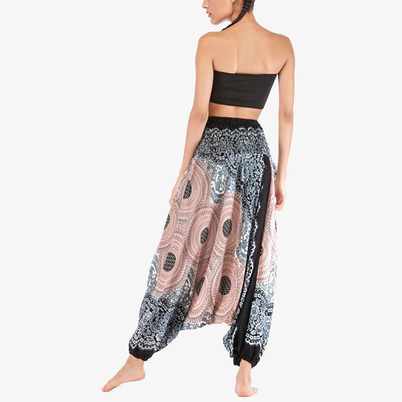 Buddha Stones Two Style Wear Round Geometric Pattern Loose Smocked Harem Trousers Jumpsuit High Waist Women's Yoga Pants Harem Pants&Bodysuit BS 31
