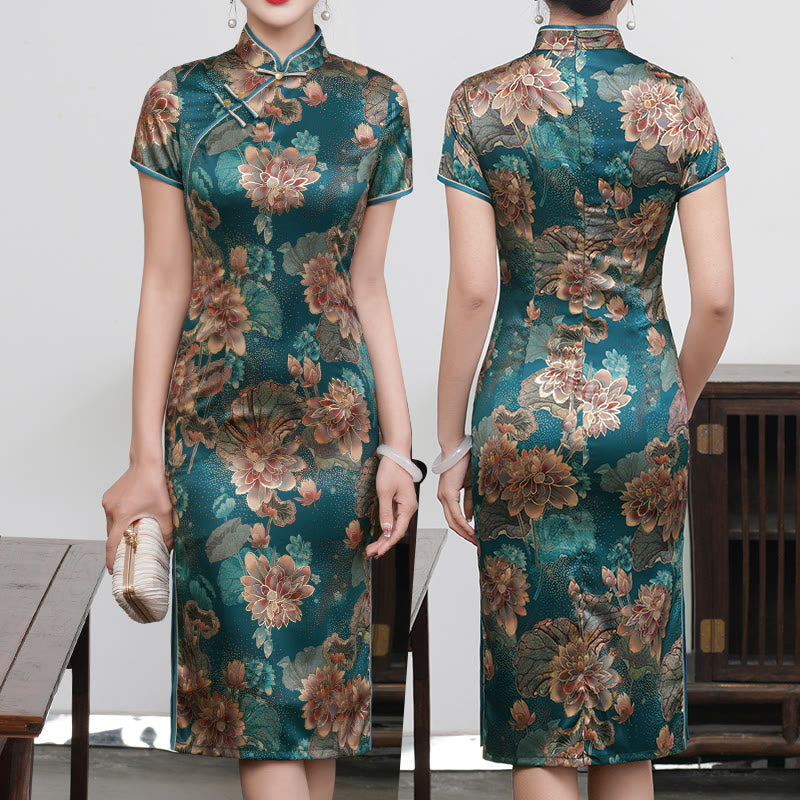 Buddha Stones Retro Flower Lotus Peony Feather Print Qipao Dress Women's Cheongsam Dress - Green Lotus - US16,UK/AU20,EU48 (5XL) - image 15