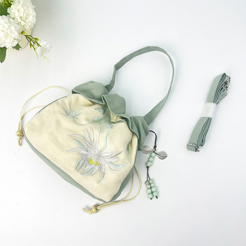 Buddha Stones Suzhou Embroidery Lotus Epiphyllum Magnolia Cotton Linen Tote Crossbody Bag Shoulder Bag Handbag Crossbody Bag BS 10