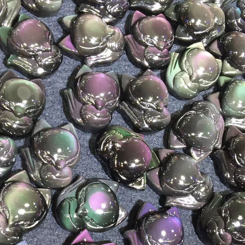 Buddha Stones Natural Rainbow Obsidian Gold Sheen Obsidian Nine Tailed Fox Positive Necklace Pendant - image 14