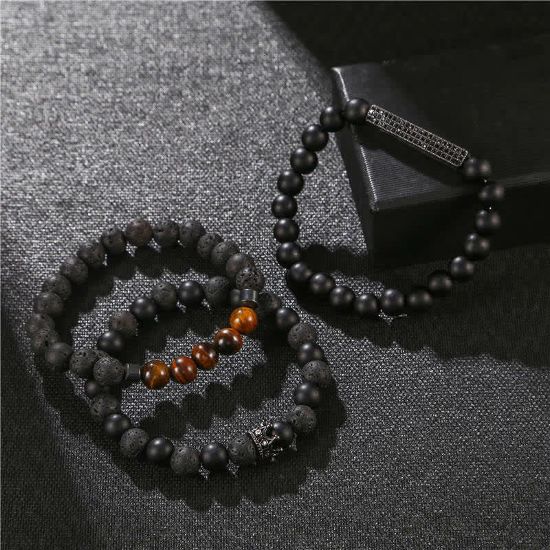 Buddha Stones 3Pcs Frosted Stone Lava Rock Tiger Eye Activate Bracelet Bracelet BS 5